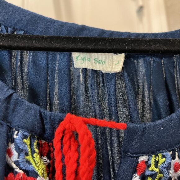 Kyla Seo Blue Red Floral Embroidered Tassels Peasant Boho Hippie Top Size L - Picture 5 of 11